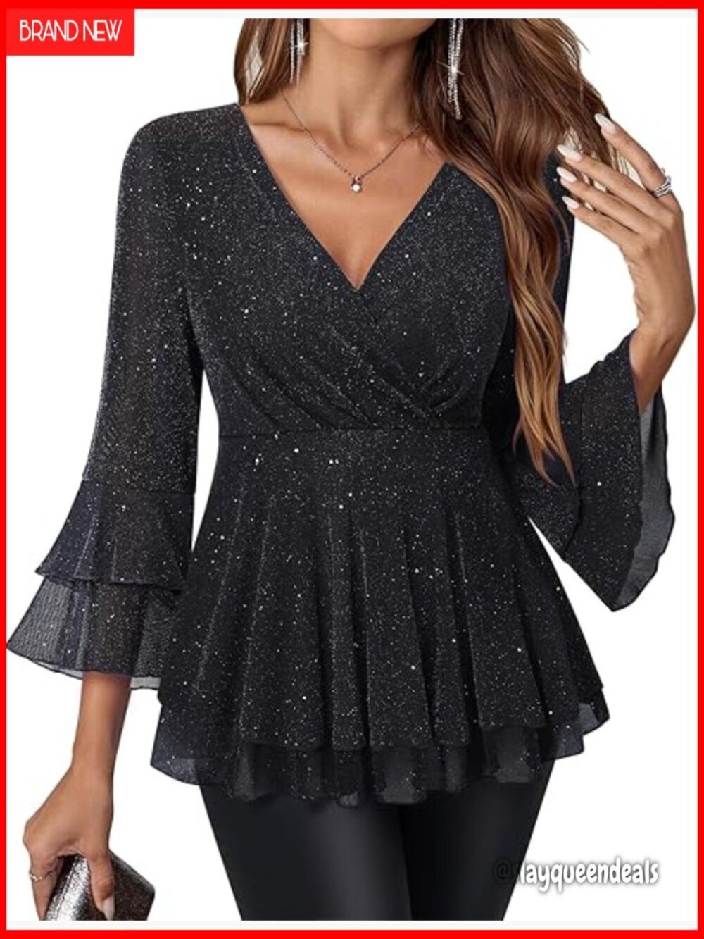 Sparkly Mesh Peplum Blouse 3/4 Ruffle Sleeve V Neck Dressy Top
